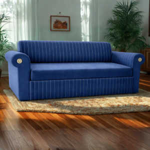 Navy blue pull-out sofa with storage