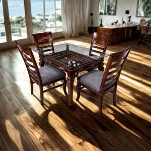 wooden 4-dining set with glass top