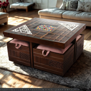 Artistic wooden coffee table with ottomans