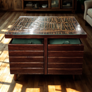 Elegant glass-top storage table arrangement