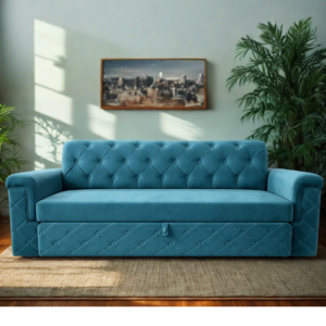 Luxurious teal-blue pull-out sofa bed