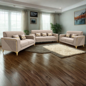 Elegant beige sofa set with gold accents