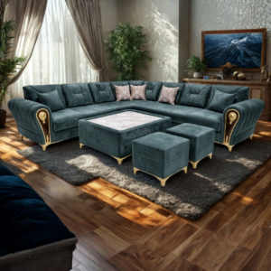 Luxurious teal velvet sectional sofa set