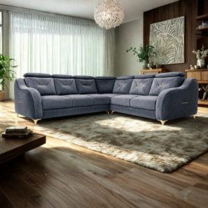 Luxurious grey sofa with gold accents