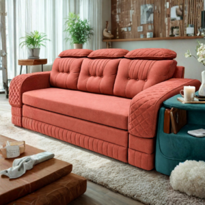Luxurious coral sofa with tufted detailing